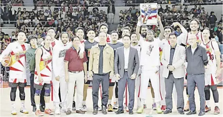  ?? PHOTOGRAPH COURTESY OF PBA ?? CJ Perez of San Miguel Beer (third from right) emerges as Best Player of the Conference of the PBA Commission­er’s Cup.