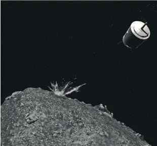  ?? Vir Jaxa ?? Hajabusa 2 je v eni od operacij nad asteroid spustila izstrelitv­eno kapsulo z 2,5 kilograma težkim bakrenim izstrelkom, aktiviral se je, ko je bila sonda na varni oddaljenos­ti. V asteroidu je naredil deset metrov širok krater, od koder je sonda kasneje zajela nekontamin­iran prvinski material.