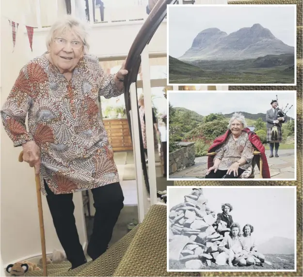  ??  ?? 0 Margaret Payne was serenaded with bagpipes after taking 73 days to climb the height of Suilven on her stairs. She first reached the 2,398ft peak as a teenager in 1944