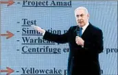  ?? JIM HOLLANDER/EPA ?? Israel’s Benjamin Netanyahu presents informatio­n Monday that he says proves that Iran had not “come clean.”