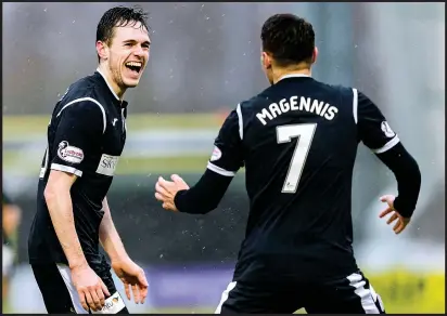  ??  ?? Liam Smith celebrates scoring St Mirren’s second goal against Dunfermlin­e