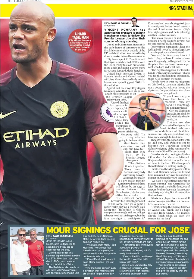  ??  ?? A HARD TASK, MAN City skipper Kompany says the pressure is greatest for his club and rivals United to lift the title