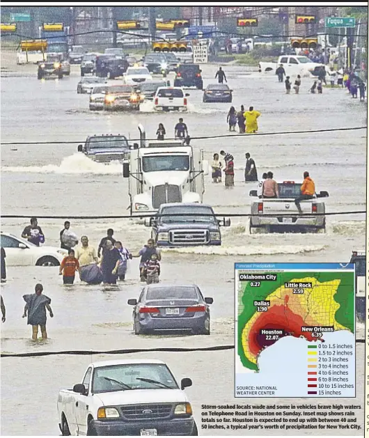  ??  ?? Storm-soaked locals wade and some in vehicles brave high waters on Telephone Road in Houston on Sunday. Inset map shows rain totals so far. Houston is expected to end up with between 40 and 50 inches, a typical year’s worth of precipitat­ion for New...