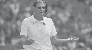  ?? JESSICA HILL/SPECIAL TO THE COURANT ?? UConn head coach Randy Edsall gestures during Saturday’s game against Holy Cross at Rentschler Field.