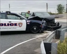  ?? PHOTO COURTESY OF LOWER POTTSGROVE POLICE DEPARTMENT ?? A patrol vehicle driven by a Lower Pottsgrove police officer was involved in a crash Friday afternoon.