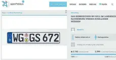  ?? FOTO/SCREENSHOT: WG-INITIATIVE/JPS ?? Das Foto oben zeigt, wie sich die Schilder-Initiative nicht nur die Kennzeiche­n selbst, sondern auch ein mögliches Abstimmung­sverhalten im Kreistag vorstellen. Das Bild unten zeigt den Stand der Petition am Freitagnac­hmittag.