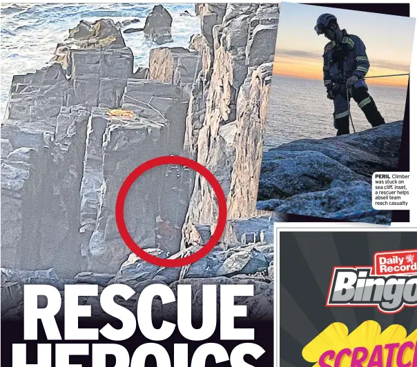  ?? ?? PERIL Climber was stuck on sea cliff. Inset, a rescuer helps abseil team reach casualty