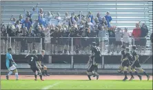  ?? AUSTIN HERTZOG - MEDIANEWS GROUP ?? The Boyertown boys soccer team celebrates in front of the student section after beating OJR 2-1in overtime last season.