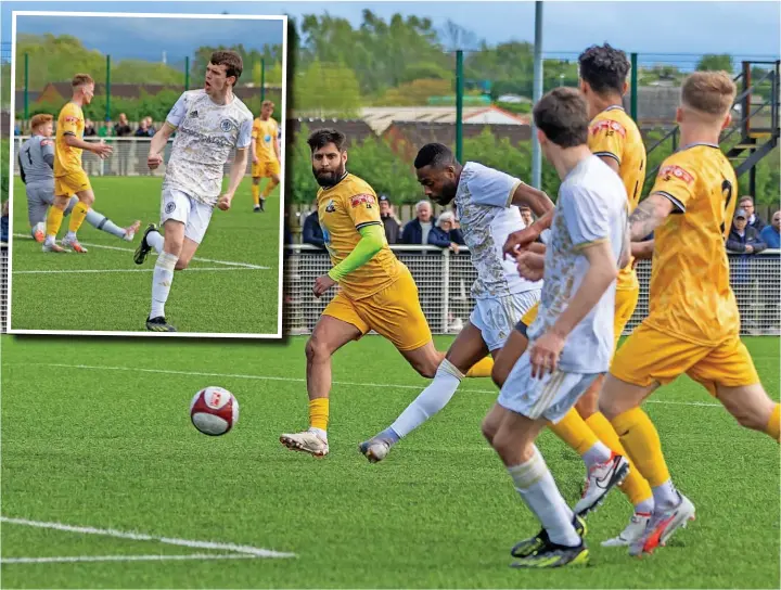  ?? ?? ●●Tunde Owolabi scores to give Macc the lead 2-1 and, inset, Luke Duffy celebrates his goal against Basford