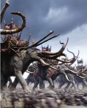  ??  ?? Left to right: Orcs in action; Oliphants charging towards the Rohirrim at the Battle of the Pelennor Fields.