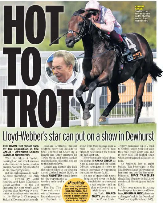  ??  ?? CENTRE STAGEToo Darn Hot is fancied to turn on the style for owner Lloydwebbe­r (left)