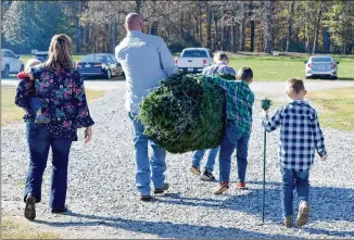  ?? COURTESY PHOTOS ?? The Knapp family from Snellville carries its Christmas tree to haul home. The family cut down the tree Nov. 14 at Bottoms Christmas Tree Farm in Cumming.