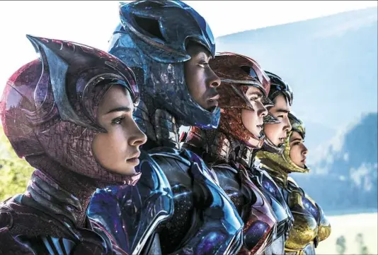  ?? Kimberley French ?? Lining up to take on Rita Repulsa in “Power Rangers” are, from left, Naomi Scott, RJ Cyler, Dacre Montgomery, Ludi Lin and Becky G.