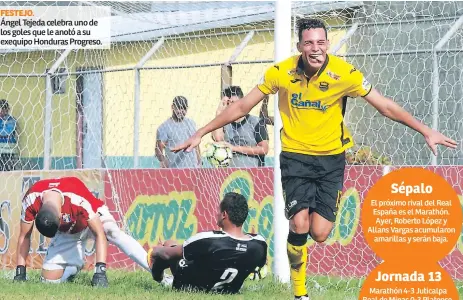  ??  ?? FESTEJO. Ángel Tejeda celebra uno de los goles que le anotó a su exequipo Honduras Progreso.