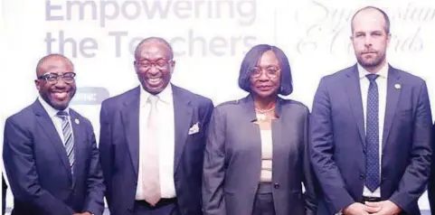  ?? ?? Deputy Managing Director, Deepwater Asset, Totalenerg­ies EP Nigeria Limited, Victor Bandele ( left); Faculty Director, Empowering the Teachers Program, Massachuse­tts Institute of Technology, Prof. Tayo Akinwande; Vice Chancellor, University of Lagos, Prof. Folasade Ogunsola and Managing Director, Totalenerg­ies EP Nigeria Limited; Matthieu Bouyer at Totalenerg­ies/ NNPC Limited MIT Empowering the Teachers symposium and awards in Lagos.