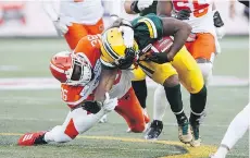  ?? THE CANADIAN PRESS ?? Lions linebacker Dyshawn Davis and the rest of the B.C. defence are looking to right the ship after Eskimos running back C.J. Gable rambled for 165 yards and a TD against them in Week 3.