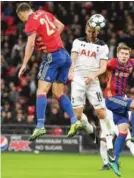  ?? — AFP ?? LONDON: Tottenham Hotspur’s English striker Harry Kane (2nd L) misses with this header during the UEFA Champions League group E football match between Tottenham Hotspur and CSKA Moscow at Wembley Stadium in north London yesterday.