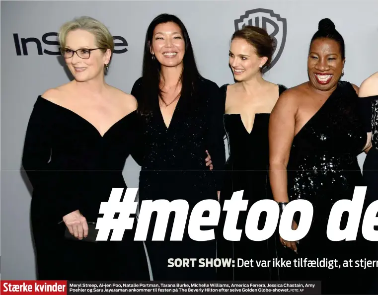  ?? FOTO: AP ?? Staerke kvinder Meryl Streep, Ai-jen Poo, Natalie Portman, Tarana Burke, Michelle Williams, America Ferrera, Jessica Chastain, Amy Poehler og Saru Jayaraman ankommer til festen på The Beverly Hilton efter selve Golden Globe-showet.