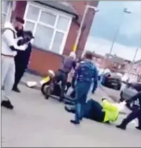  ??  ?? SO BRUTAL: Thugs wrestle Mr Weston off his moped, left, and begin their assault as one jumps on his bike