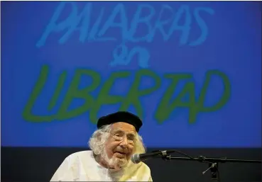  ?? ESTEBAN FELIX — THE ASSOCIATED PRESS FILE ?? Nicaraguan poet Ernesto Cardenal takes part in a tribute in his honor May 21, 2015, during the “Centroamer­ica Cuenta” writer’s meeting in Managua, Nicaragua. Cardenal has died on March 1, according to his personal assistant Luz Marina Acosta.