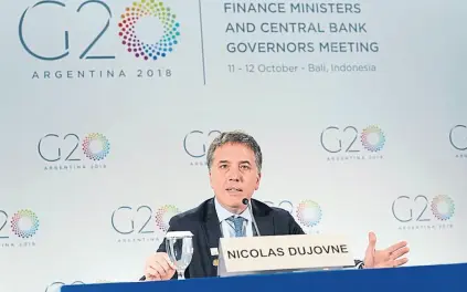  ?? G20 ?? Dujovne, ayer, en su conferenci­a de prensa en Indonesia