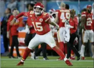  ?? JOHN BAZEMORE — THE ASSOCIATED PRESS ?? Kansas City Chiefs’ quarterbac­k Patrick Mahomes celebrates his touchdown pass to Damien Williams in the the second half of the NFL Super Bowl 54 football game Sunday in Miami Gardens, Fla.