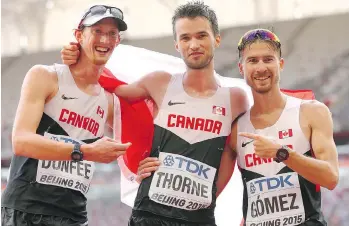  ?? CAMERON SPENCER/GETTY IMAGES FILES ?? From left, world-class athletes Evan Dunfee, Ben Thorne and Inaki Gomez train together in Vancouver. The three, along with Mat Bilodeau, will be at this year’s Sun Run.