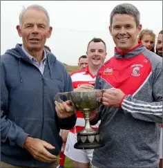  ??  ?? Paul O’Connor receives the trophy from Thos. Ryan (Chairman).