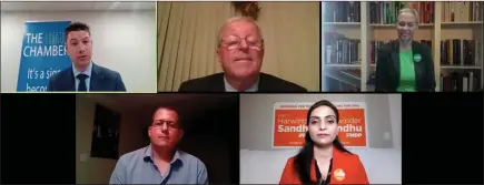  ?? Special toThe Daily Courier ?? WAYNE EMDE/
Moderator Dan Proulx, from top left, asks questions of BC Liberal Eric Foster, Green Kelli Westgate, BC Conservati­ve Kyle Delfing and NDP’s Harwinder Sandhu during a Vernon-Monashee all-candidates forum on Thursday held over Zoom.