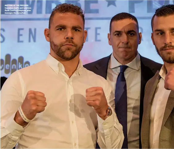  ?? Photos: GOLDEN BOY PROMOTIONS ?? MEETING AT THE PRESSER: Saunders [left] and Lemieux flank Camille Estephan, who manages the Canadian