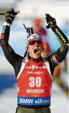  ?? Foto dpa ?? Der größte Erfolg ihrer Karriere: Im Alter von 30 Jahren gewann Nadine Horchler ih ren ersten Biathlon Weltcup.