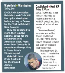  ??  ?? ENGLAND duo Stefan Ratchford and Chris Hill line up for Warrington before jetting to Denver for the Test match with New Zealand.
They are expected to start, then join the national squad for the ground-breaking American clash. Front rower Dom Crosby is...