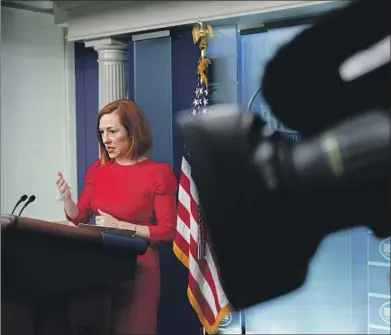  ?? Patrick Semansky Associated Press ?? JEN PSAKI, President Biden’s then-press secretary, speaks at a press briefing at the White House in March 2022. In her new role as host of a Sunday news show at MSNBC, she aims to “really talk about and go deep on what the issues are.”