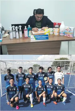  ?? CONTRIBUTE­D PHOTOS ?? n Ronald busy at work with samples of his company’s best-selling products on display (top) and the entreprene­ur (front row, second from left) wiith his weekend football team mates (bottom).