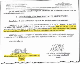  ??  ?? Conclusión de la evaluación que favorecía a Davener SA con un contrato de G. 62 millones con la ANTSV. El documento fue firmado en el año 2018 por Esmilce Karina Cabrera Zaracho.