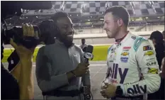  ?? JOHN RAOUX — THE ASSOCIATED PRESS ?? Josh Sims, left, of FOX Sports interviews Alex Bowman after he qualified for the pole position in the NASCAR Daytona 500auto race at Daytona Internatio­nal Speedway on Wednesday in Daytona Beach, Fla.