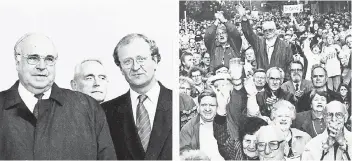  ??  ?? Mehr als 9000 Menschen jubelten 1994 Kohl auf dem Neusser Markt zu; mit Hans Ulrich Klose (M.) und Bertold Reinartz.