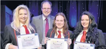 ??  ?? Smiles Robyn Munn, Lisa McMillan and Tiffany Whitton of Cathkin high School with councillor Richard Tullet.