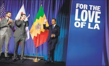  ?? Brian van der Brug Los Angeles Times ?? RICK CARUSO takes the stage at his election night rally Tuesday. The real estate developer, who has never held elected office but has served on city commission­s, poured $100 million into his campaign for L.A. mayor.