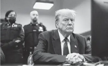  ?? JUSTIN LANE Pool/USA TODAY NETWORK ?? Former President Donald Trump sits in court Tuesday before the resumption of his criminal trial in Manhattan. Trump is facing 34 state felony counts of falsifying business records in relation to his 2016 presidenti­al campaign.