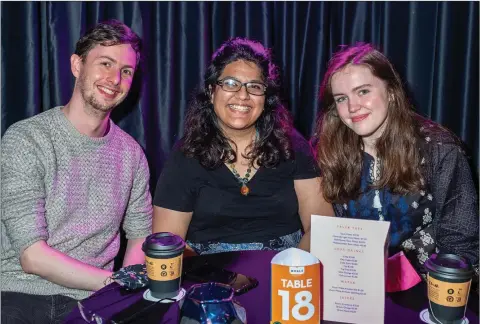  ??  ?? Aonghus Ó Lochlainn, Sahar Ahmed and Kerry Fitzsimons enjoying the performanc­e by Svetlana Rudenko and the Belenus Quartet Ireland at the Whale, Greystones.