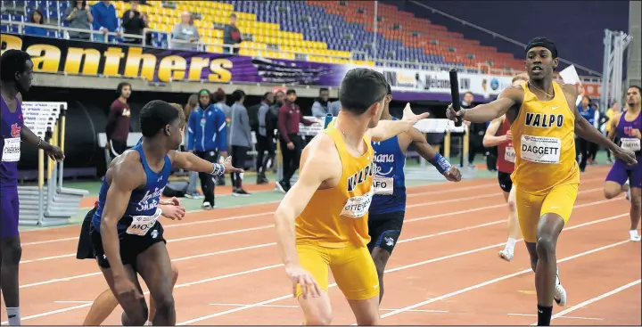  ?? NORTHERN IOWA ATHLETICS ?? Valparaiso University senior Emanuel Daggett, right, competes in the Missouri Valley Conference indoor championsh­ips. With an extra year of eligibilit­y, Daggett has entered the transfer portal but has not ruled out returning to Valparaiso.