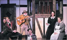  ??  ?? Nicholas Sumpter, Kris Kuss, Stephen Hilton, Kaleb Michael Bruza, Sarah Lomize and Lindsey Rollins sing a song in Oklahoma Shakespear­e in the Park's “Twelfth Night.”