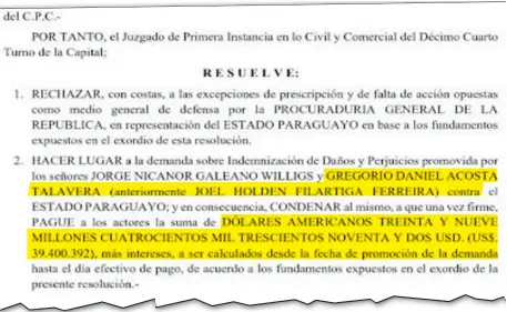  ?? ?? Facsímil de parte de la resolución por la cual se da lugar a la indemnizac­ión de casi US$ 40 millones para dos abogados.