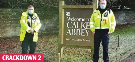  ??  ?? CRACKDOWN 2
On patrol: Officers at Caulke Abbey, and the snowball tweet from police