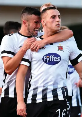  ?? MATT BROWNE/SPORTSFILE ?? Dylan Connolly is congratula­ted by team-mate Michael Duffy after scoring Dundalk’s winning goal over Levadia Tallinn yesterday