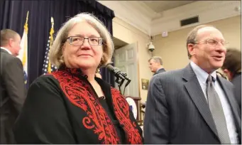  ?? SHNS FILE ?? Justice Elspeth “Ellie” Cypher (left), then a senior judge on the Appeals Court, stands in 2017 with the late Supreme Judicial Court Chief Justice Ralph Gants at a press conference announcing her nomination to the SJC.