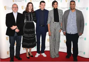  ?? — AFP photo ?? (From left) BAFTA Film committee chair Marc Samuelson, BAFTA Chief Executive Amanda Berry, English actors Ella Balinska and Asa Butterfiel­d and BAFTA deputy chair Krishnendu Majumdar pose before the BAFTA nomination­s announceme­nt in central London.