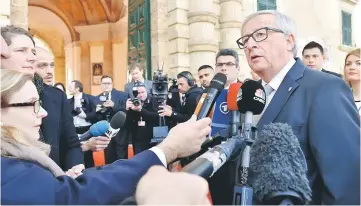  ??  ?? President of the European Commission Jean-Claude Juncker speaks to the press as he arrives for an Informal summit of EU heads of state or government in Valletta, Malta. — AFP photo