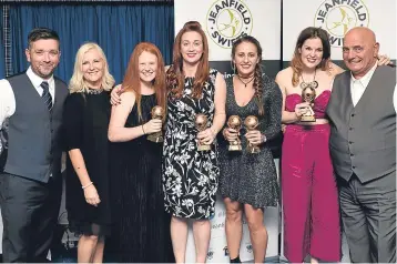  ??  ?? Jeanfield Ladies held their awards at McDiarmid Park. From left, head coach Jason McCrindle, Alison Walker (speaker), Ellie Cowie (Players’Young Player of the Year), Bobby Cochran (Most Improved), Danni McGinley (Head Coach’s Player of the Year), Jade...